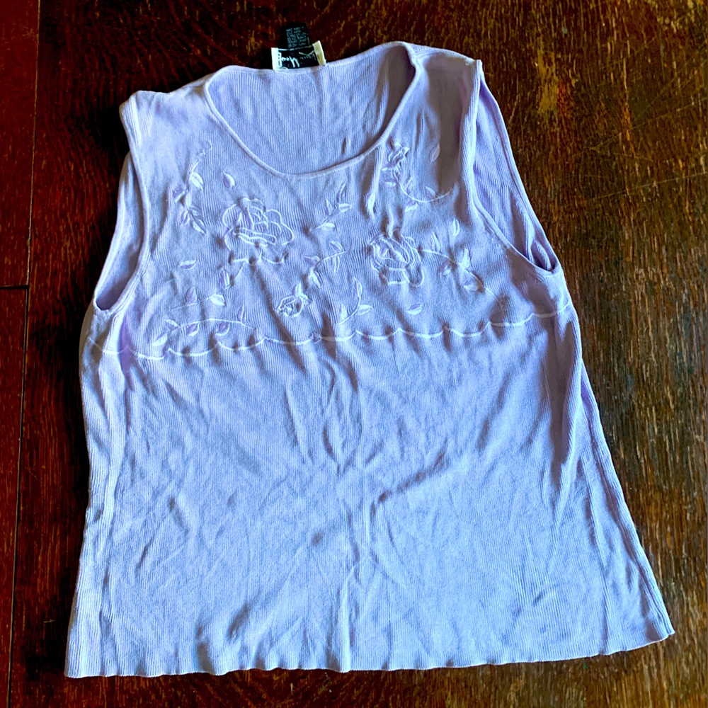 Gus Mayer 100% Silk Lavender Sleeveless High Neck Floral Embroidered Top Sz. L